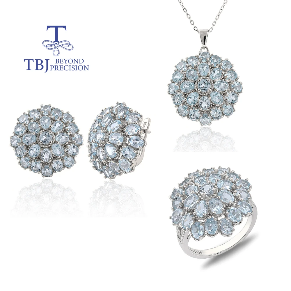 

natural sky blue Topaz 925 Sterling silver ring earrings pendant necklace real gemstone fine jewelry set for women's party gifts