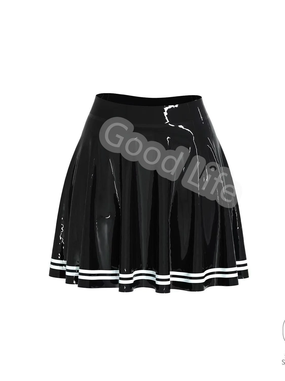 Handmade  Natural Latex gummi Black Skating Skirt With White Trim Short Latex Rubber Mini Swing Skirt  A-Line Dress