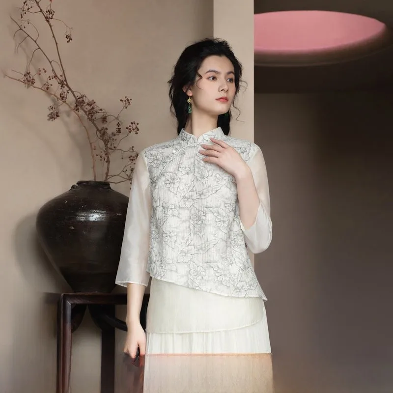 

Ele Floral Print irt Women's Svel Stand Collar Loose Fit Summer New Arrival by a Life on the Left