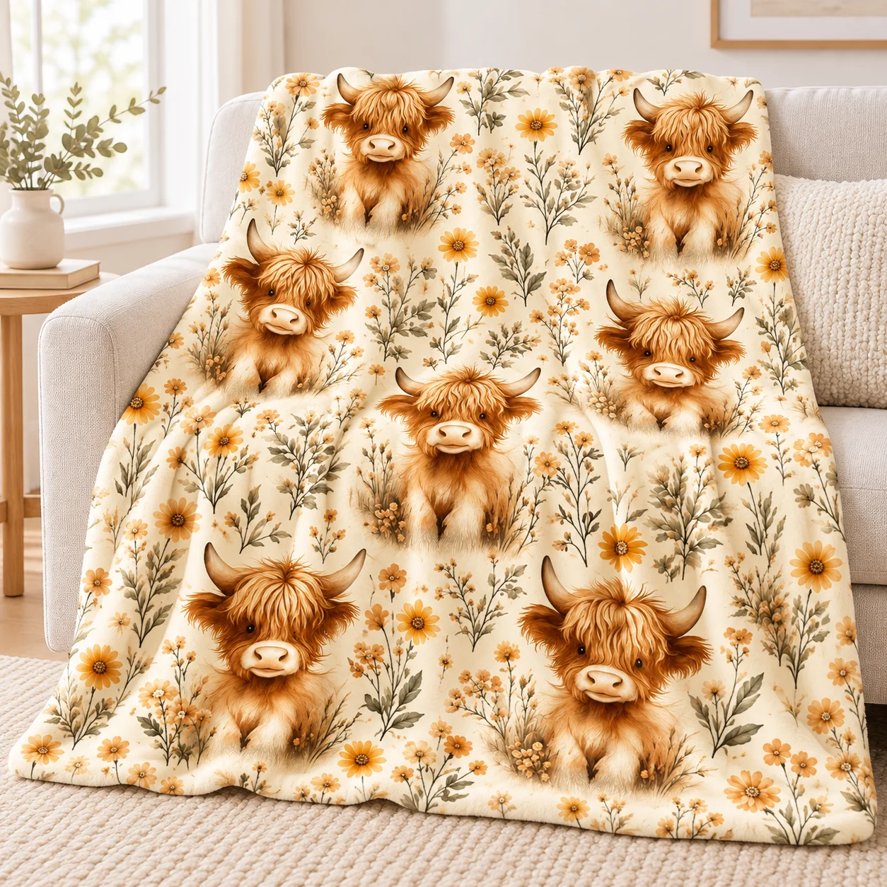 Soft Flannel Blanket with Vintage Highland Cow & Sunflower Print, All Season, Sofa Office Nap Travel Camping Home Decor