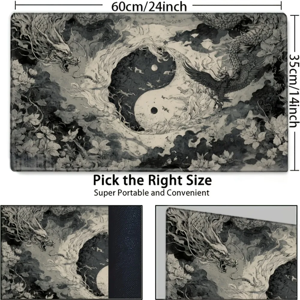 Monochrome Yin-Yang Dragon and Phoenix Flower CCG Game Mat, a non-slip game mat, featuring mythical artworks on the cards