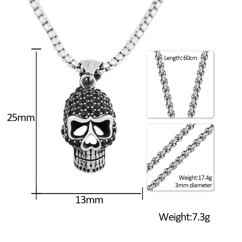 Fashion Creative Skull With Black Stone Pendant Stainless Steel Gothic Skeleton Necklace Punk Rock Party Men\'s Jewelry Wholesale