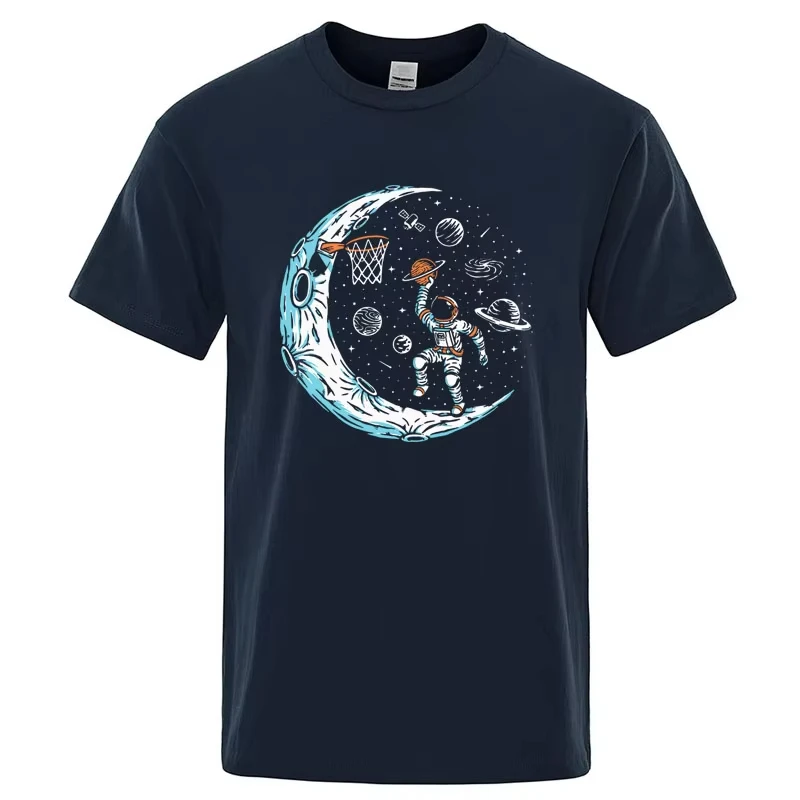Astronaut Play Basketball On Moon Graphic T‑Shirt Galaxy Space Planet Print Unisex Short Sleeve Casual Novelty Space Lover Tee