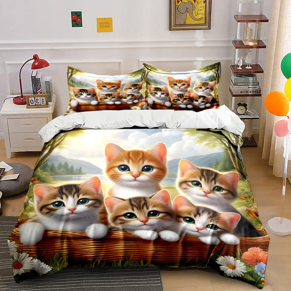 Adorable kittens in sunny basket Print Soft Comfortable Duvet Cover Bedding Set Included 1*Duvet Cover 2*Pillowcases