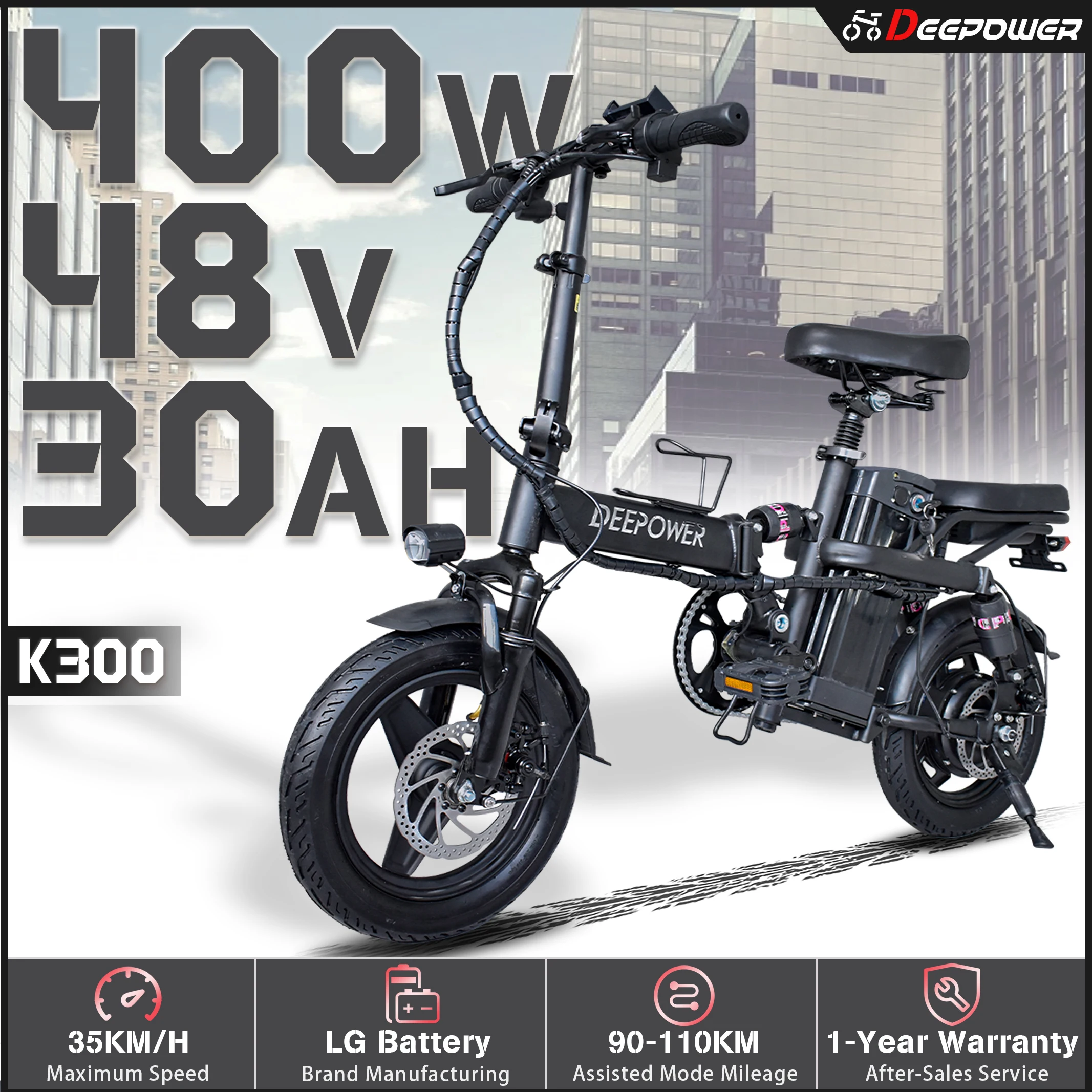 K300 Electric Bike 400W 48V 30AH Adult Folding Electric Bicycle with Basket Mini Ebike for Urban Commuter Man Woman