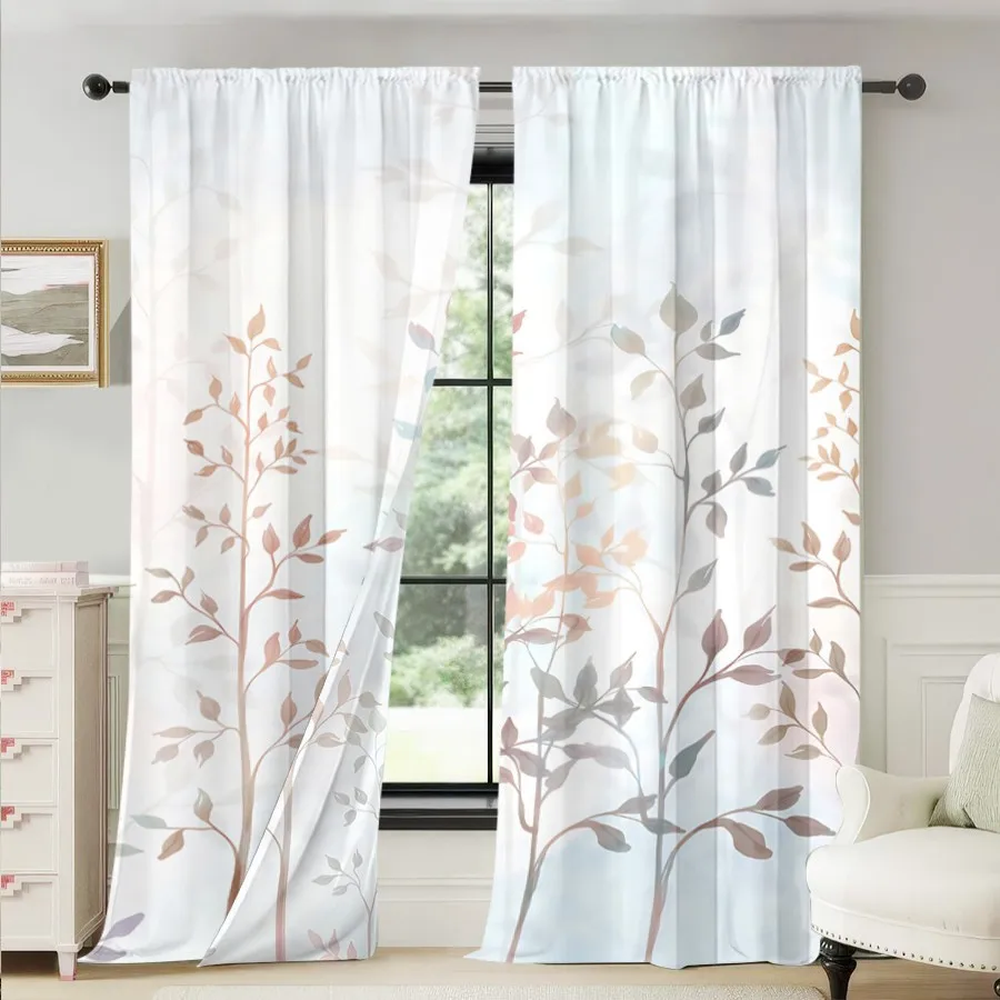 2PCS Digital Printed Curtains, Gradient Branches Leaves Design, Nature Forest Style for Living Room Bedroom Home Decor