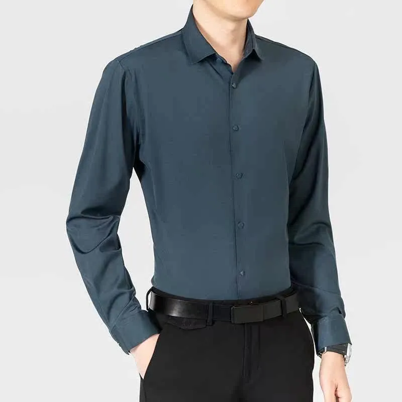 

Traceless Stretch Men's Color Shirt Long Sleeve Spring PU Leather One-piece Velvet Thin Unchangeable Color Long SVE Shirt