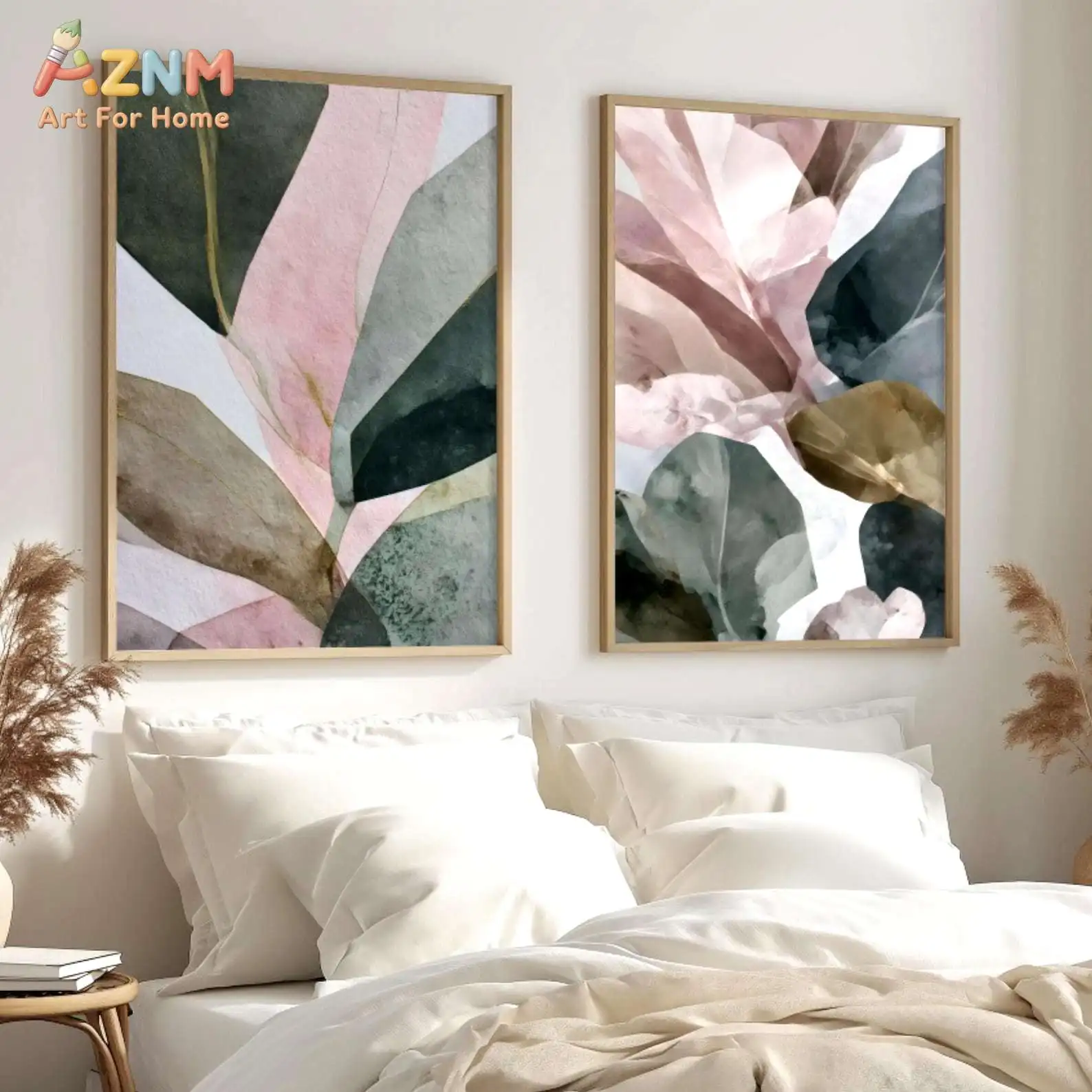 Botanical Blush Sage Wall Art Set of 2, Neutral Abstract Prints, Soft Layered Texture, Scandinavian Bedroom Decor