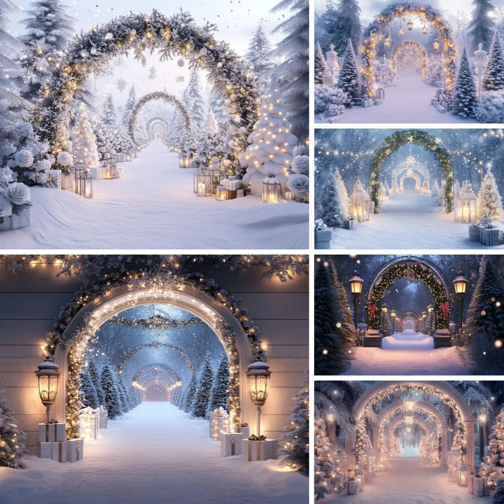 

Photography Background Winter Christmas Snowy Forest Tree Glitter Kids Family Portrait Decor Arch Backdrop Photo Studio