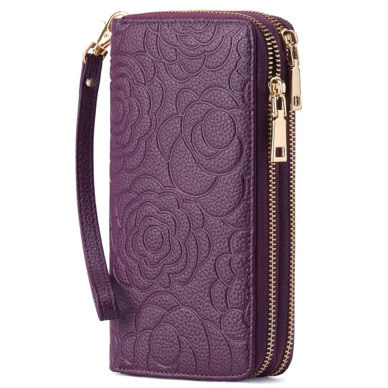 Western Camellia Embossed Cowhide Leather RFID Blocking Women Wallet Large Capacity Double Zipper Coin Purse for Ladies