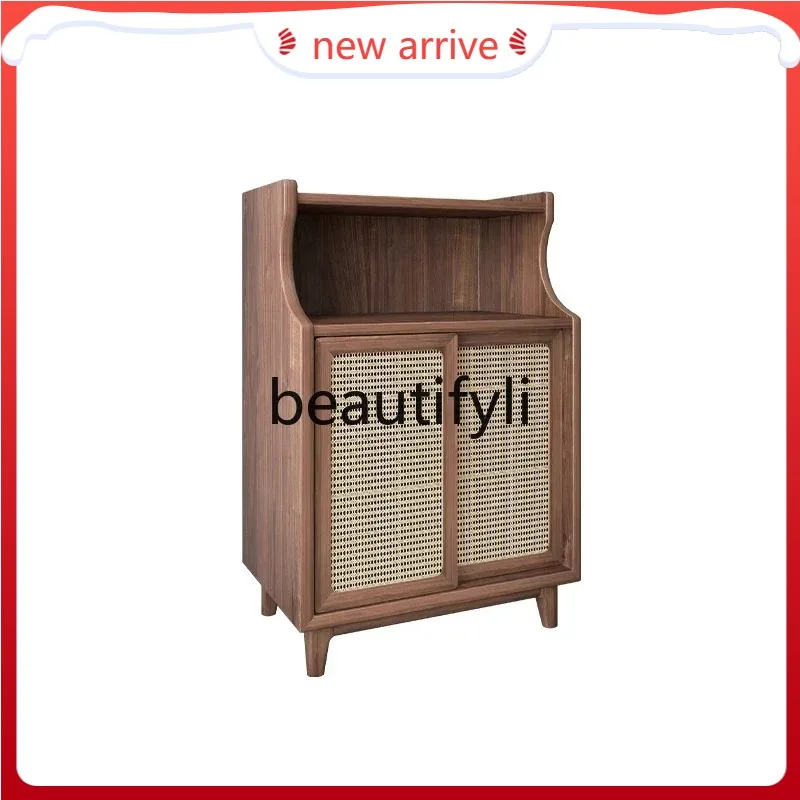 

D2520 New Chinese solid wood dining side cabinet rattan storage black walnut wall tea cabinet