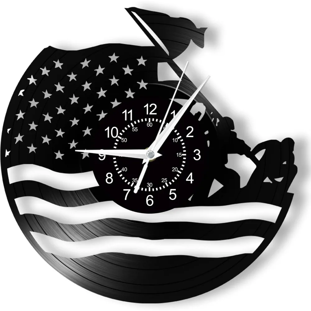 USA Flag Art Wall Clock Marine Corps War Memorial Wall Watch Modern Decorative Vinyl Record Wall Clock for Veteran Soldier Gift