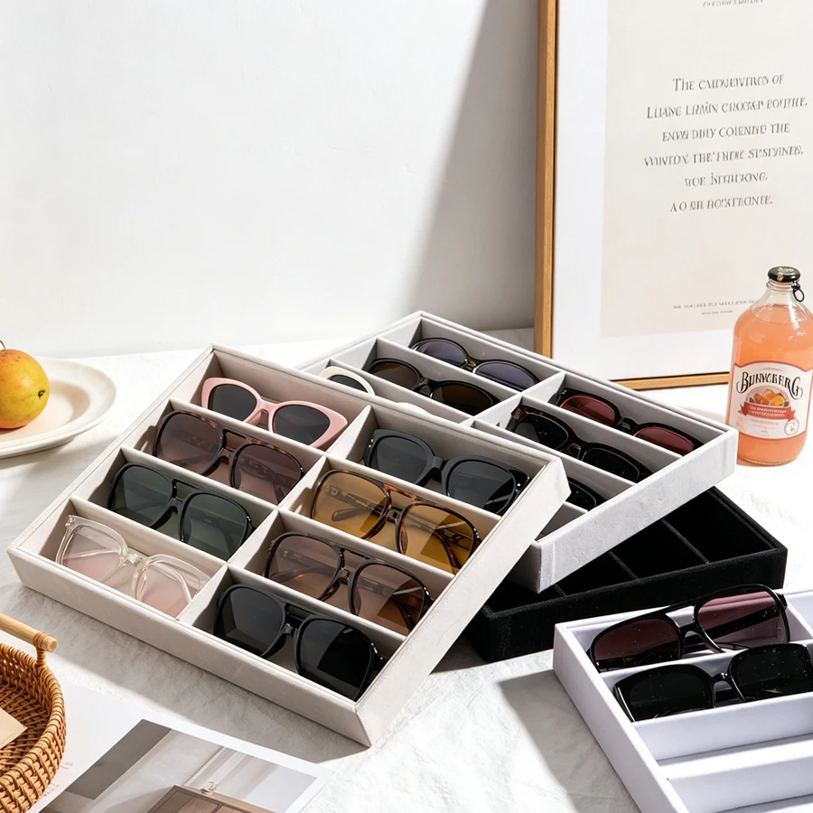 A Multi-Specification Eight-Slot, Six-Slot, Four-Slot Grey and Beige Jewelry and Sunglasses Display, Storage and Organizing Box