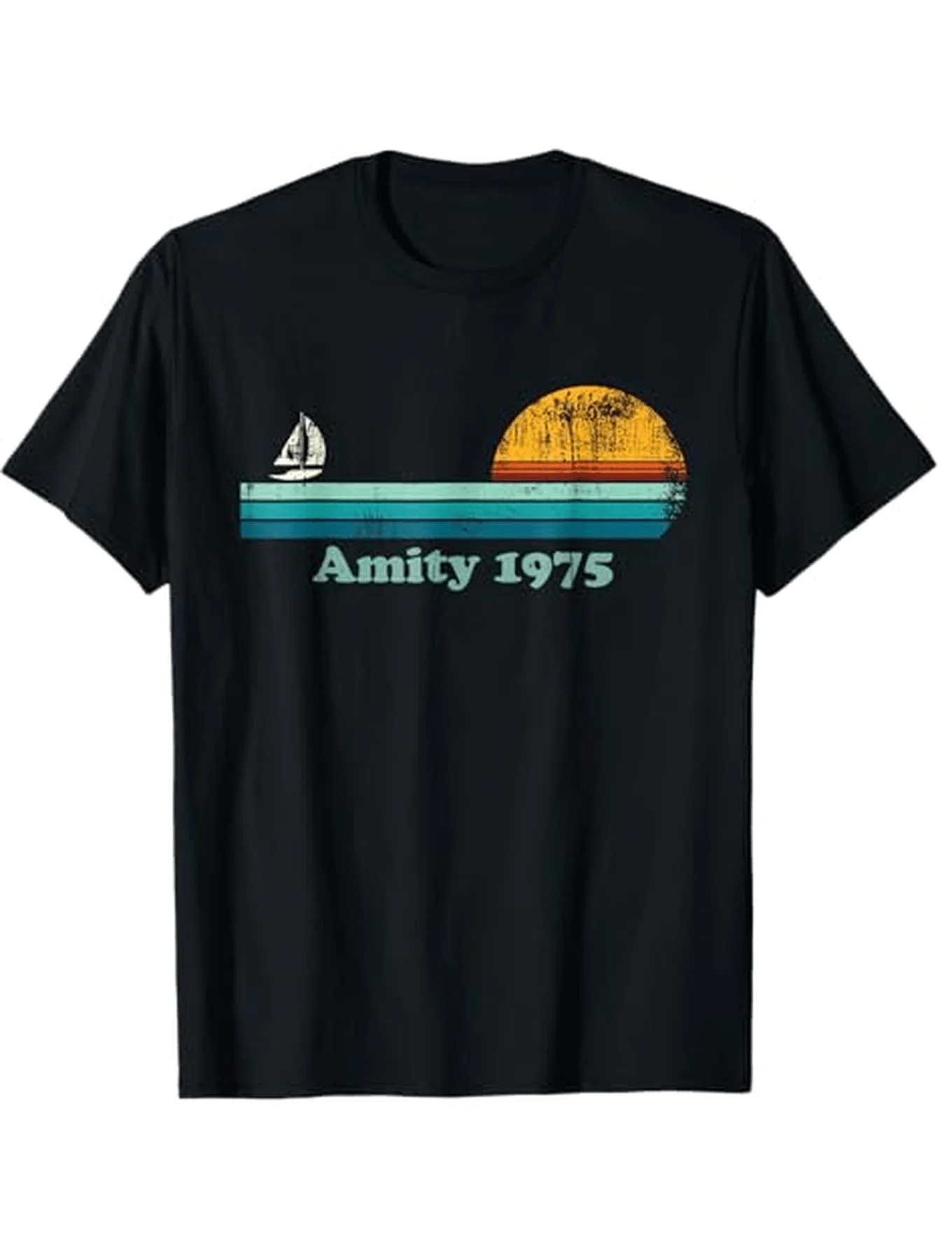 Vintage 1975 Amity Island Retro Sailboat & Sunset Graphic T-Shirt 100% Cotton O-Neck Short Sleeve Summer Casual Mens T-shirt