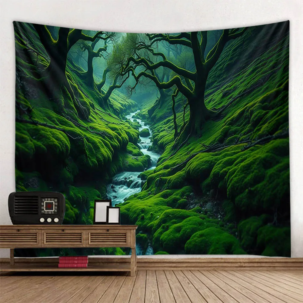 Forest River Lush Green Rainforest Stream Scene Tapestry Natural Hanging Painting Decor for Living Room Bedroom