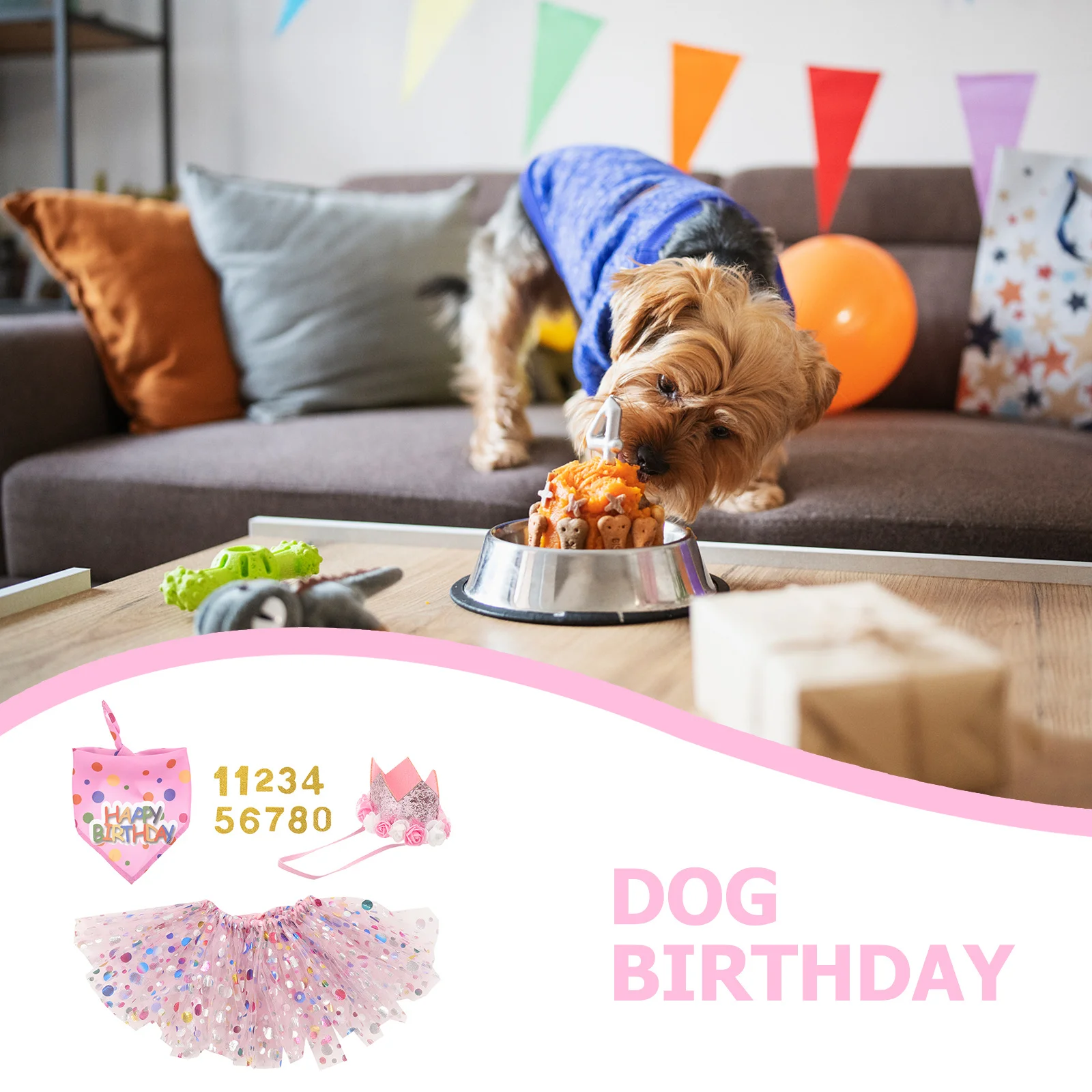 

1Set Dog Birthday Costume Kit Fashionable Cute Hat Dress Bandana Soft Material Easy to Clean Store Party Supplies