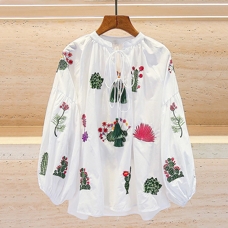 

Women Blouse Shirt 2025 Autumn New Vintage Round Neck Lantern Sleeve Plants Embroidered Shirt Tassels Lace Up Tops Women SL222