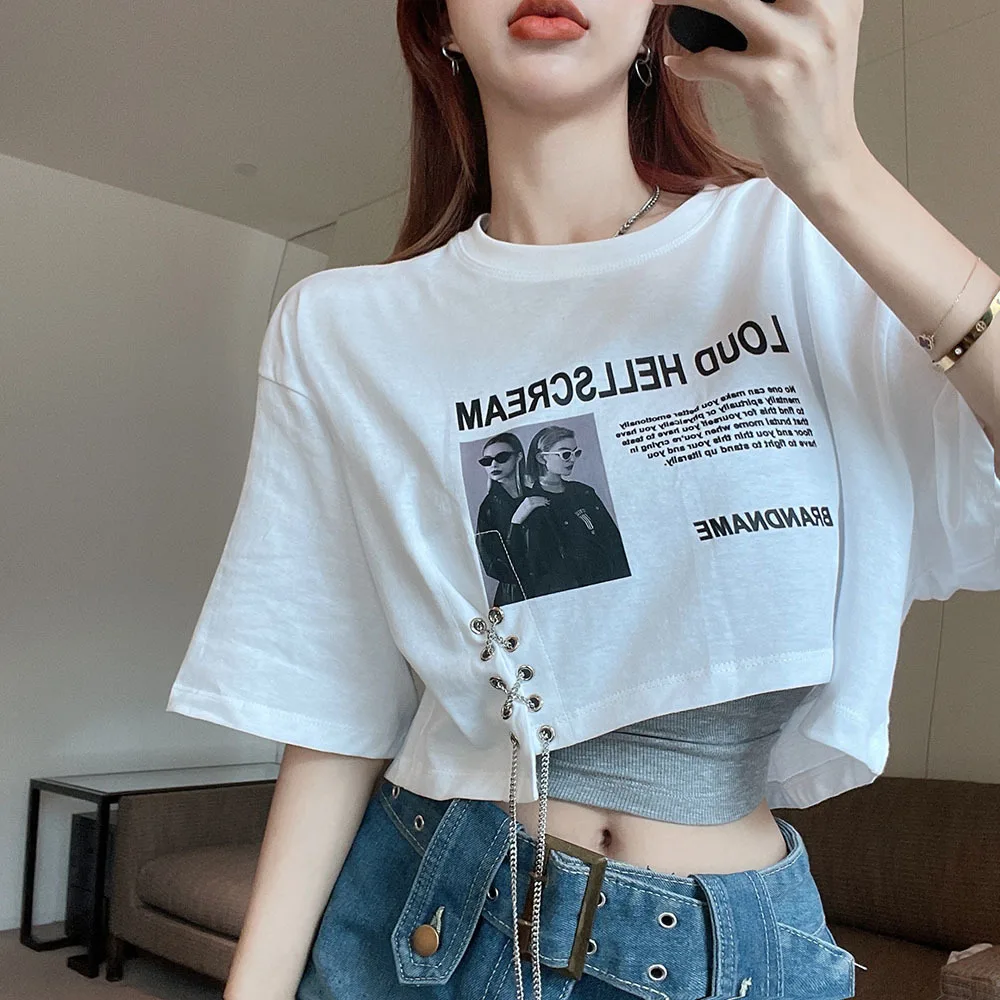 Summer New Letter Print T-shirt Women\'s Loose Open Navel Short Sleeve Hot Girls Crop Top Street Chic Female Chain Retro Tees Y2k