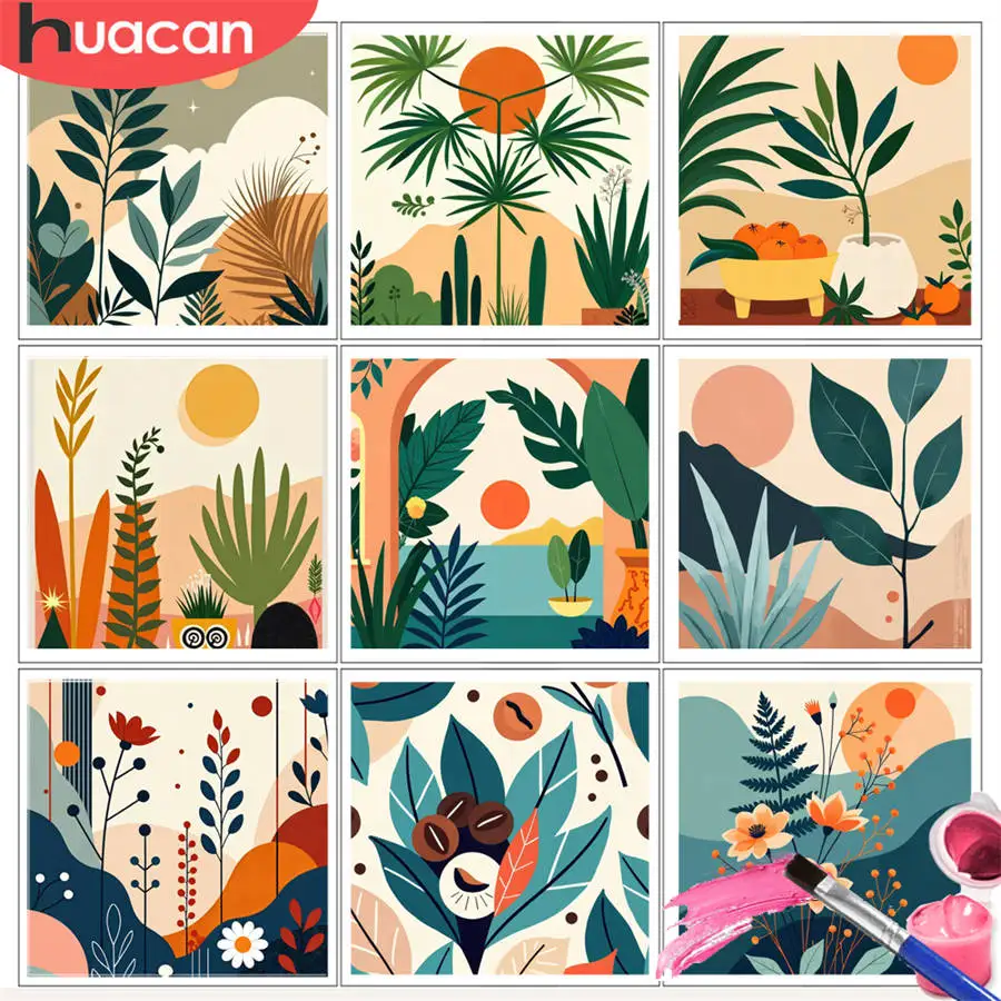 HUACAN Malen nach Zahlen-Kits, abstrakte botanische Elemente, Kunstwerk, DIY, Ölzeichnung, Pflanzen, Kunsthandwerk, Handbemalung, Heimdekoration