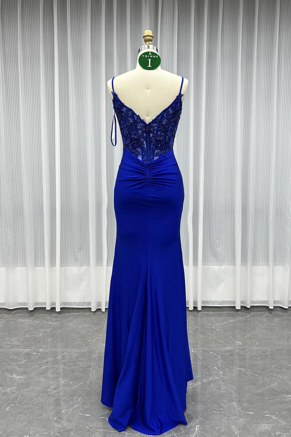 YQLNNE 01 Sexy marine fente longue robe de bal Spaghetti brodé perles sirène robe de soirée