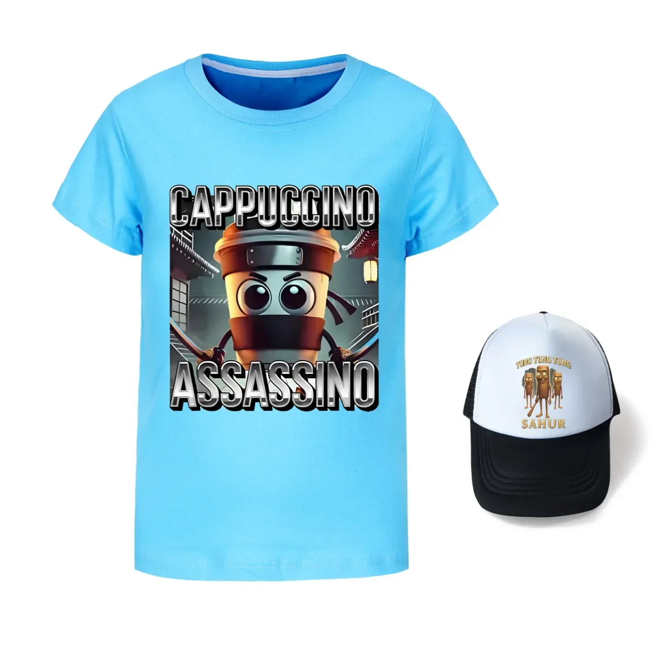 

Футболка Camiseta Capuchino Assassino Niño AI Cartoon Tung Tung T Sahur, детские топы с короткими рукавами и шляпа от солнца, летняя одежда для девочек