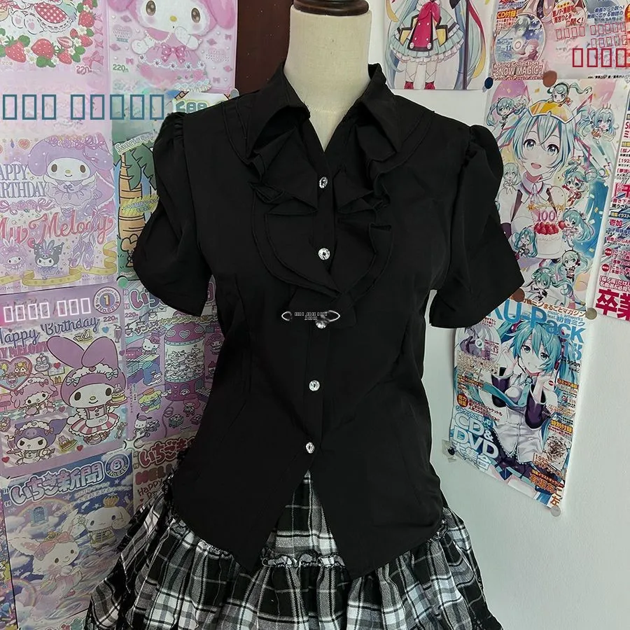 

Ретро-японский топ с короткими рукавами-фонариками для женщин, летний, новый дизайн, уникальный, красивый, с цветочным кружевом по низу