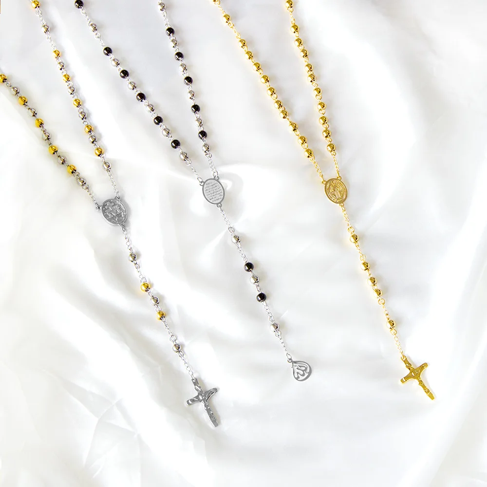 LUXUKISSKIDS-rosario catolicos acero inoxidable,Rosario de cuentas de acero para mujer y hombre, collares de Jesús, cadenas largas, colgantes de