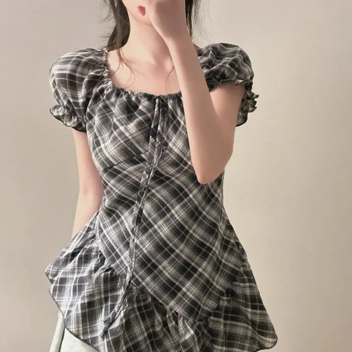 

Новая женская блузка Sweet Spring в клетку с рукавами-фонариками, с цветочным принтом, в корейском стиле, стандартного кроя, повседневная одежда для школы и офиса