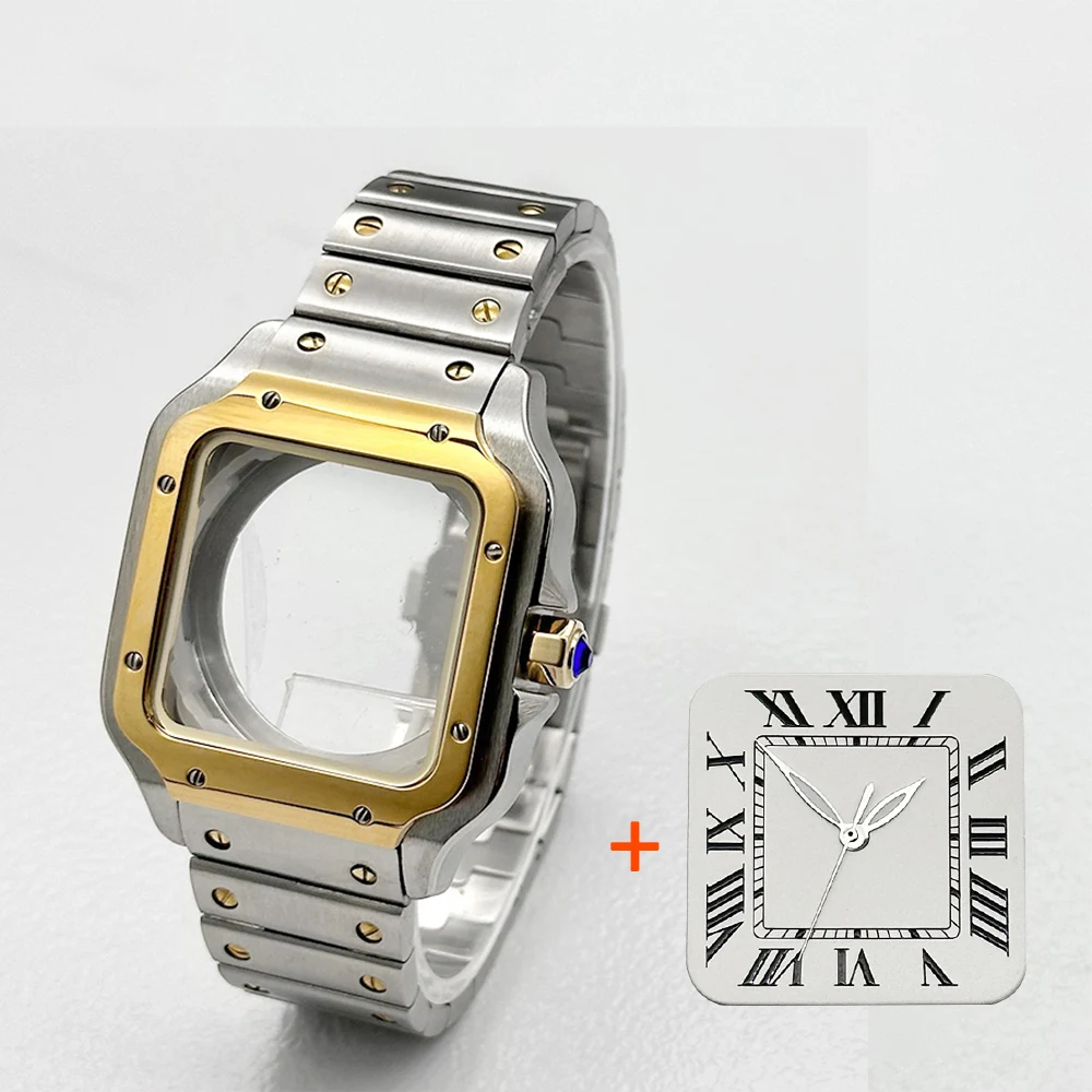 38mm-high-quality-santos-watch-case-set-nh35-square-case-black-gold-case-steel-27mm-square-dial-compatible-nh35-nh36-movements