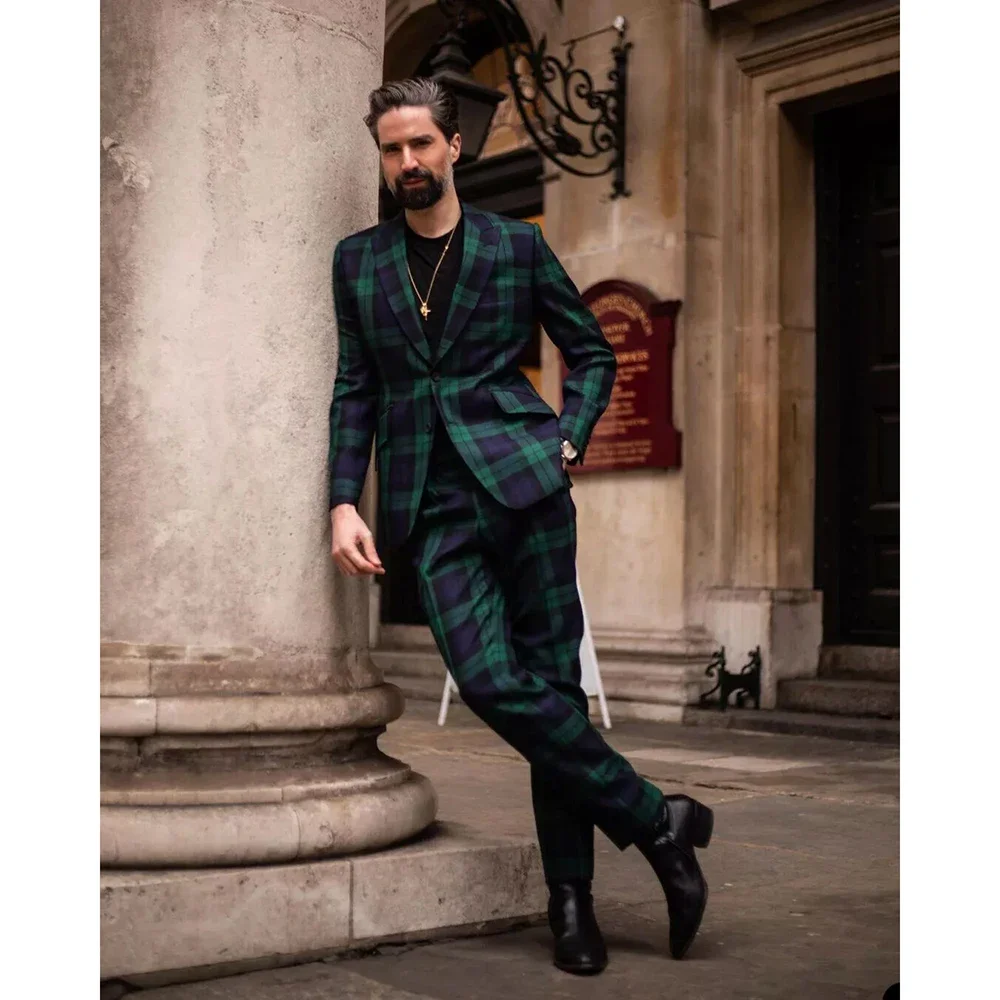 Trajes a cuadros para hombre, solapa de pico de un solo pecho, esmoquin de boda entallado para hombre, conjuntos de 2 uds de chaqueta y pantalones, traje Formal para fiesta de graduación para hombre