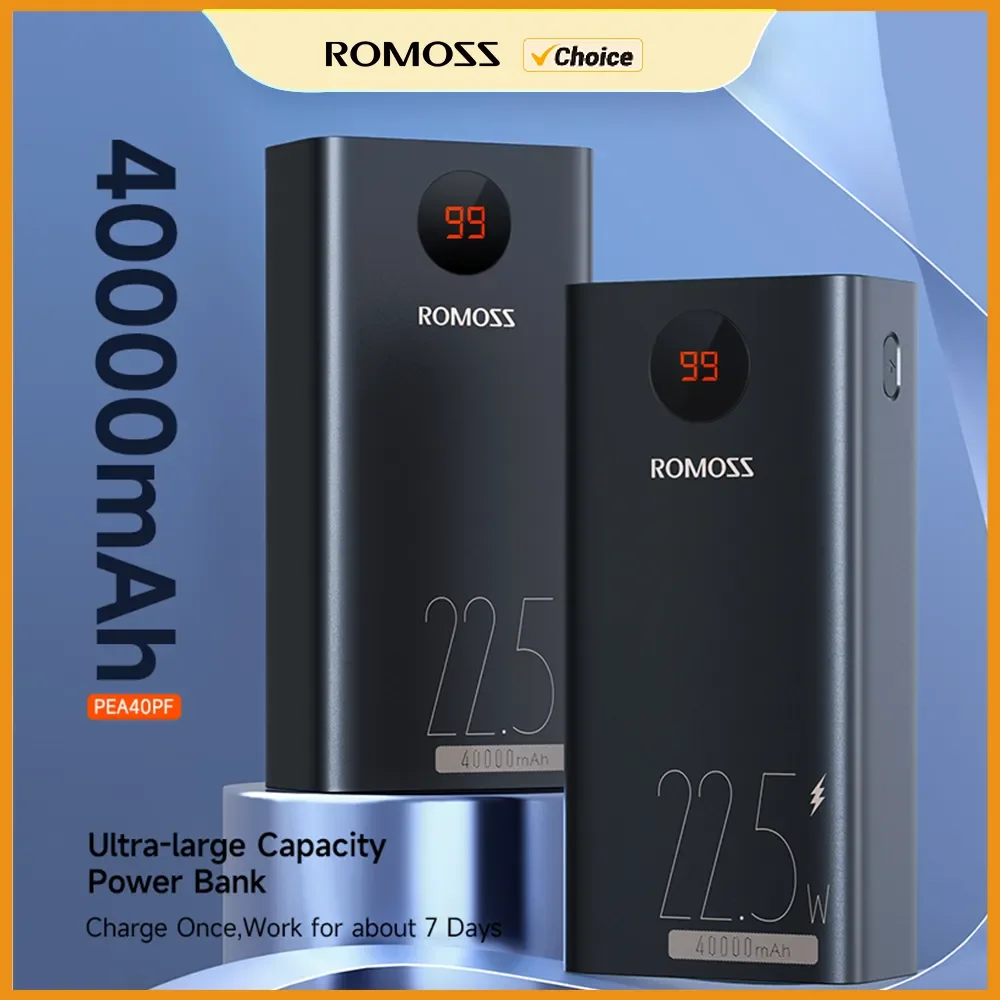 ROMOSS Power Bank 40000mAh 22.5W Fast Charge PD20W QC18W Portable Charger External Battery 40000 mAh Powerbank For Xiaomi iPhone