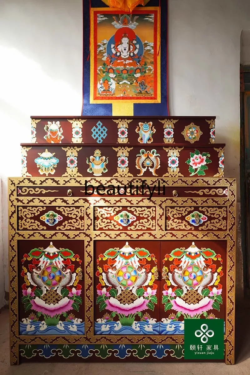 

ssK178 Tibetan tantra solid wood shrine, three-layer shrine color customization, solid wood table