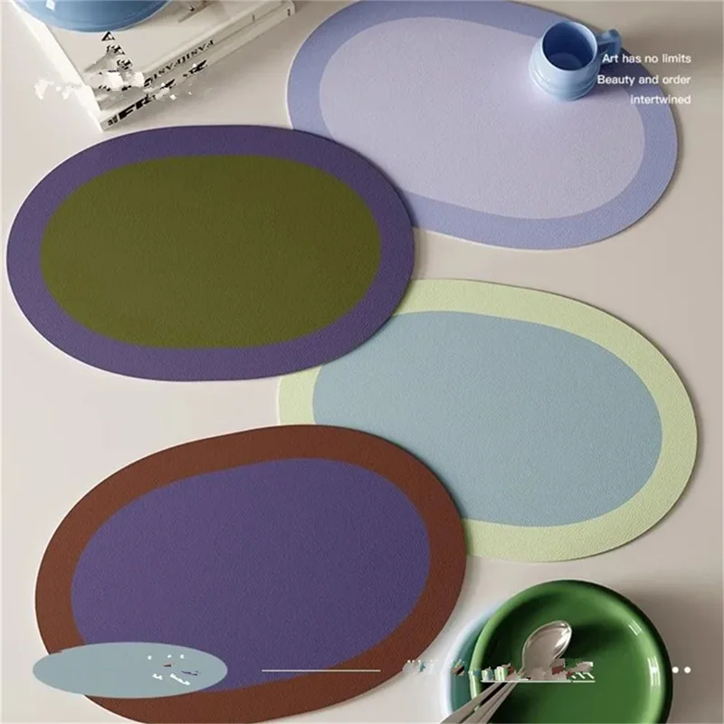 PU Placemats For Table Waterproof Non-Slip Insulation Leather Place Mats Set Style Christmas Coaster Cup Mat Elliptical Bicolor - Image 2