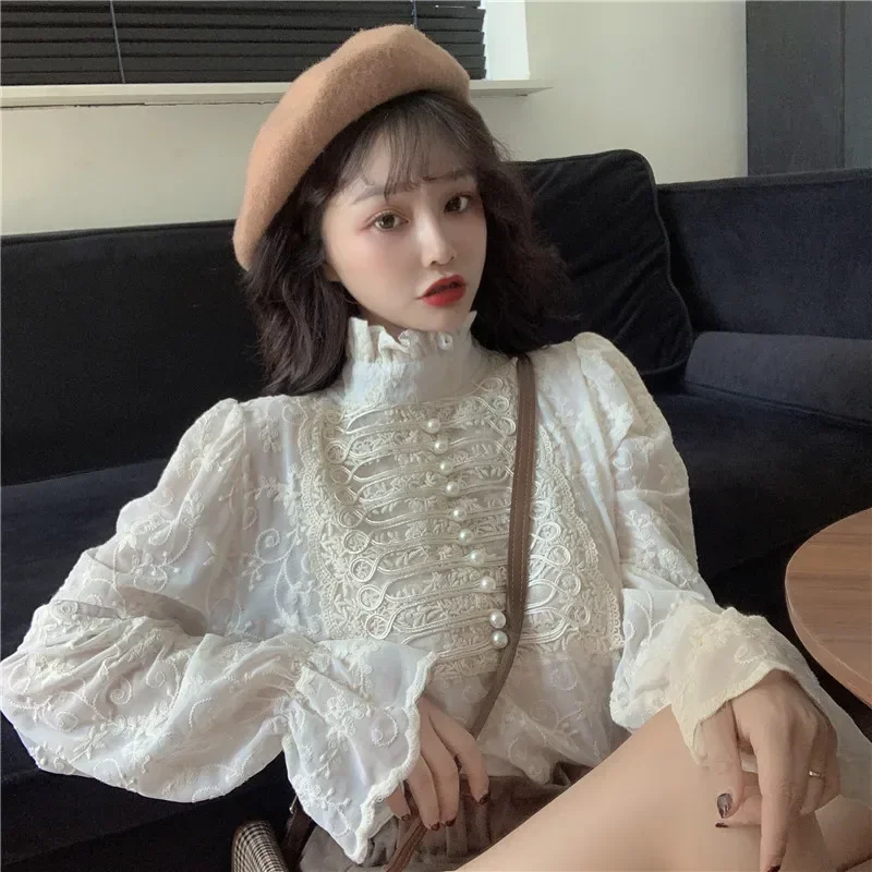 OCEANLOVE Lace Blusas Mujer Solid Stand Collar 2024 Spring Vintage Shirts Flare Sleeve Autumn Korean Style Women Blouses 19399