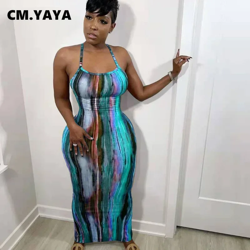 CM.YAYA Tie Dye Print Halter Open Back Maxi Dress Women Bodycon Sleeveless Splited Back Pencil Midi Long Dresses Summer 2021