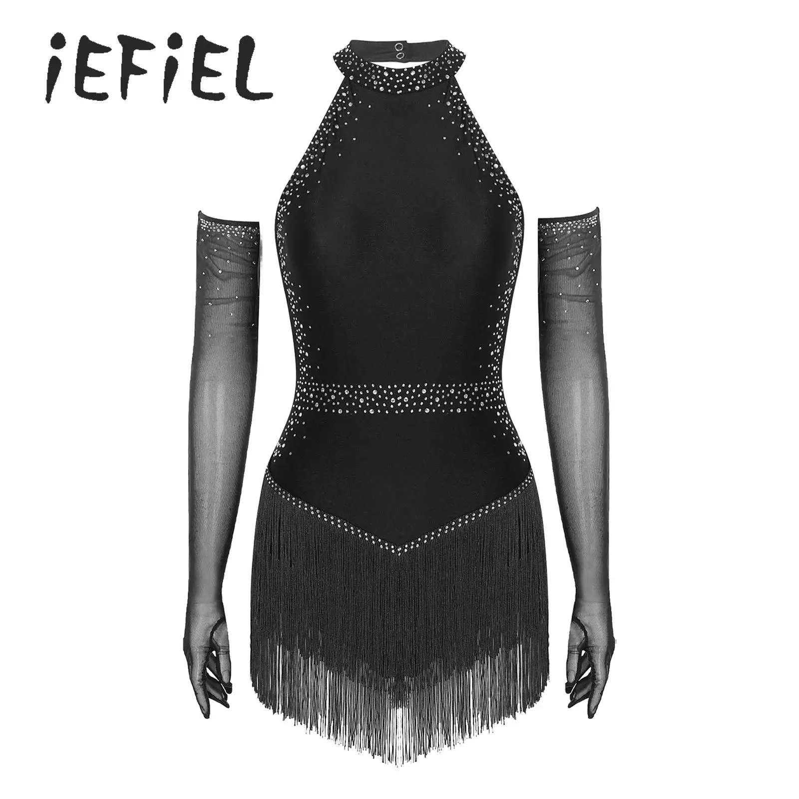 

Womens Fringed Dance Leotard Latin Dress Rhinestones Tassel Bodysuit Latin Jazz Figure Skating Tango Cha-Cha Salsa Dancewear