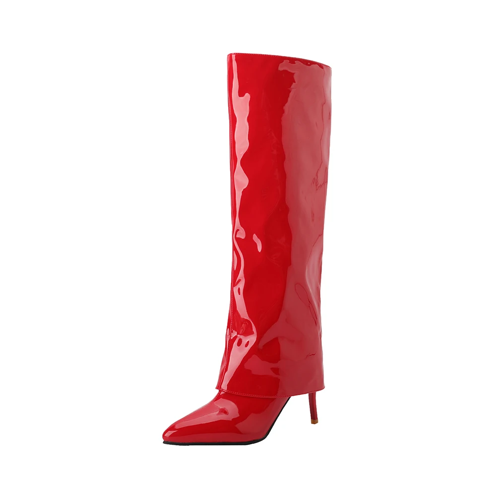 Winter New Glossy Green White Women Knee High Boots Sexy 3 inch High Thin Heel Lady Formal Shoes Plus Big Size 10 43 46 48