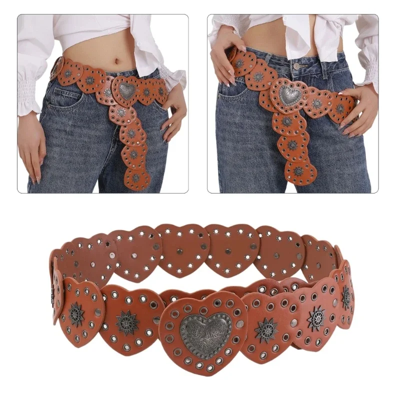 

Women Belt for Jeans Skirt Hollowed Heart Wide Waist Belt Subcultures Pants Belt with Large Eyelets Clothing Decors