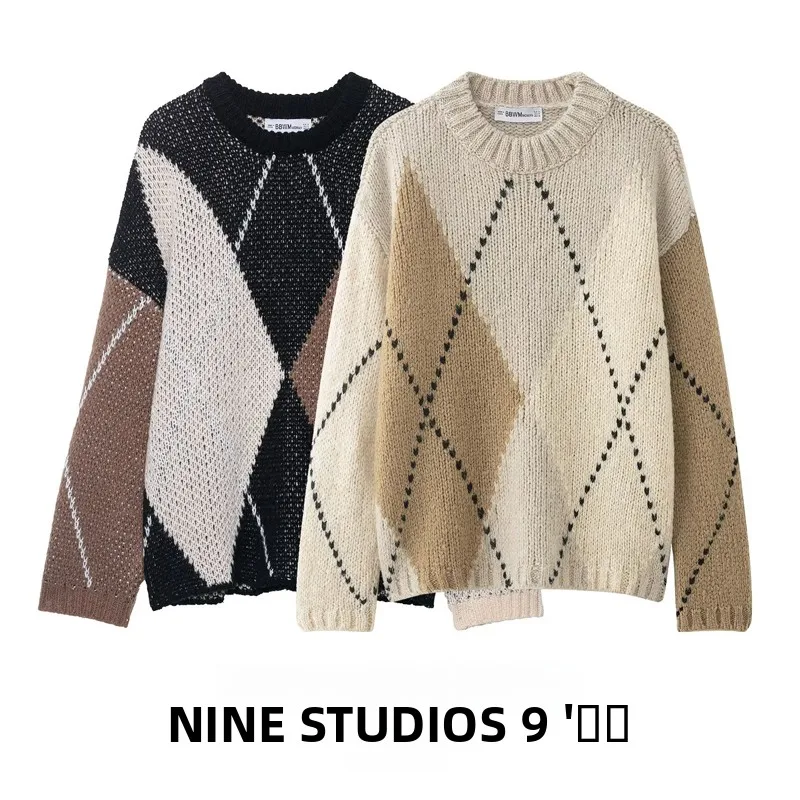 

Повседневный свободный вязаный свитер с длинными рукавами и круглым вырезом, с ромбовидным узором, женский модный топ из акрила высокого качества, удобный крой