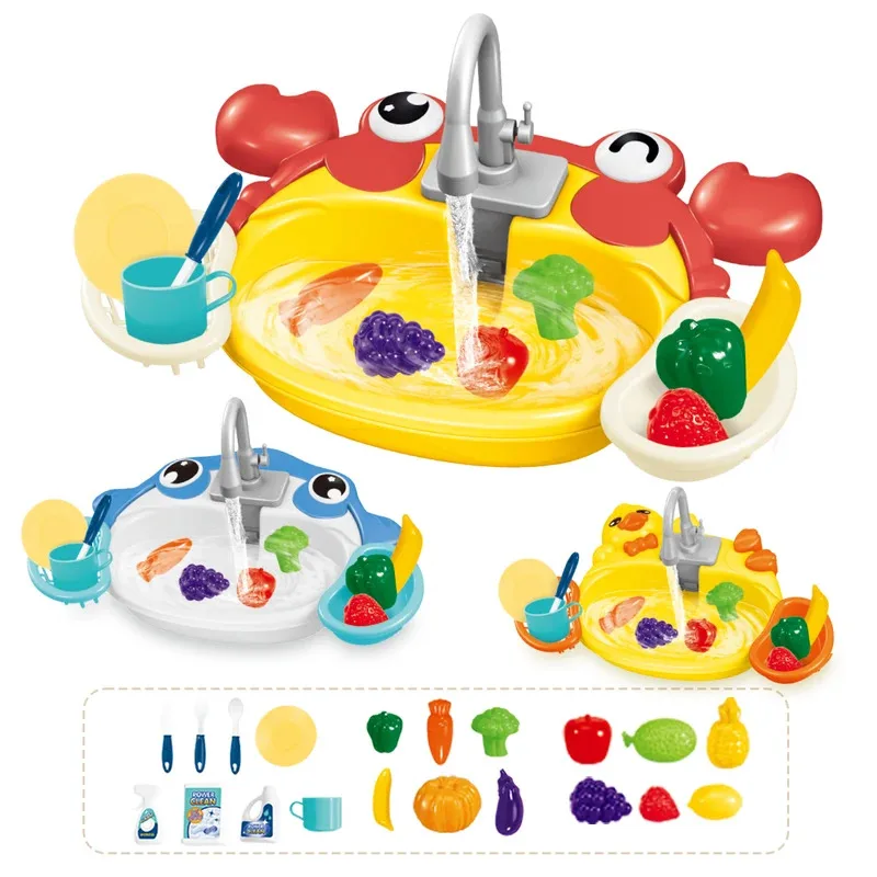 Spielen Sie Küchenspüle-Spielzeug, elektrische Spülmaschine, Spielspielzeug mit fließendem Wasser, Spielen von Essen und Küchenutensilien, Geschenke für Jungen und Mädchen