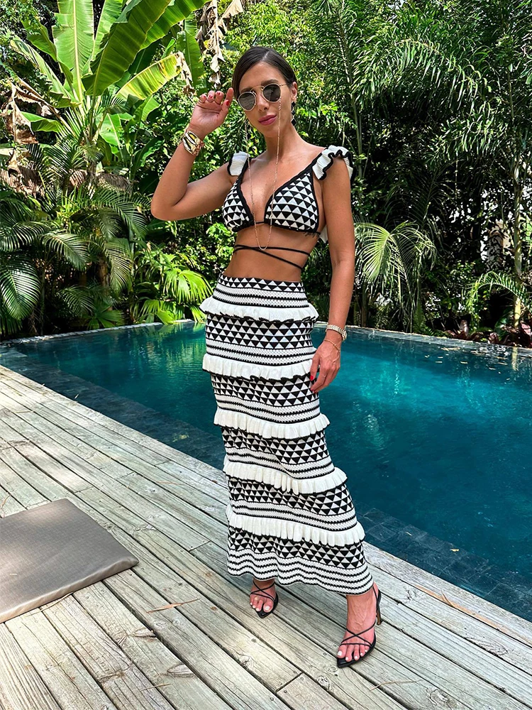 2024 Sexy Ruffled Bikini Tie Top Wrap Long Skirt Knit Two-piece Set Fashion Women Summer Party Beachwear Swimsuit Cover Up A2842