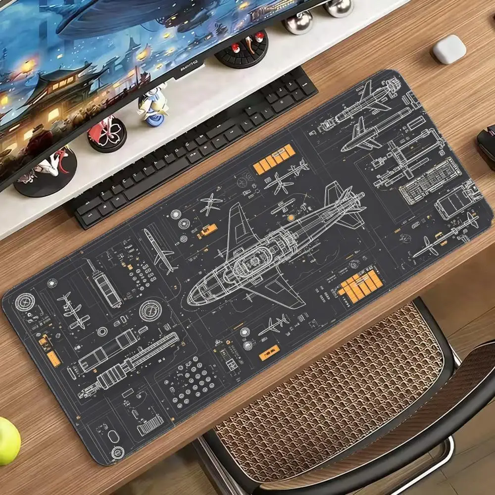 Large Gaming Mouse Pad Aircraft Blueprint Line Drawing Pattern Non-Slip Rubber Desk Mat Keyboard Mat for Office Gaming