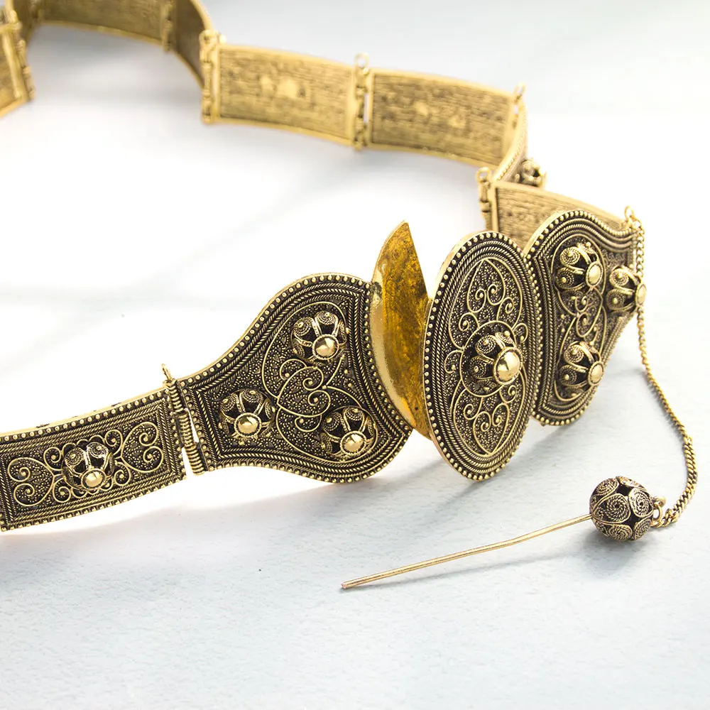 Sunspicems Vintage Slavic Caucasus Women Dress Belt Relief Pattern Rivet Decoration Turkey Metal Waist Belt Adjustable Length