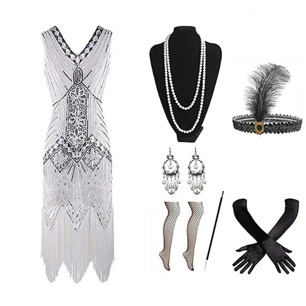 Vestido de Flapper para mujer, traje Retro Vintage rugiente de los años 20 y 1920, trajes del gran Gatsby, lentejuelas, flecos y borlas