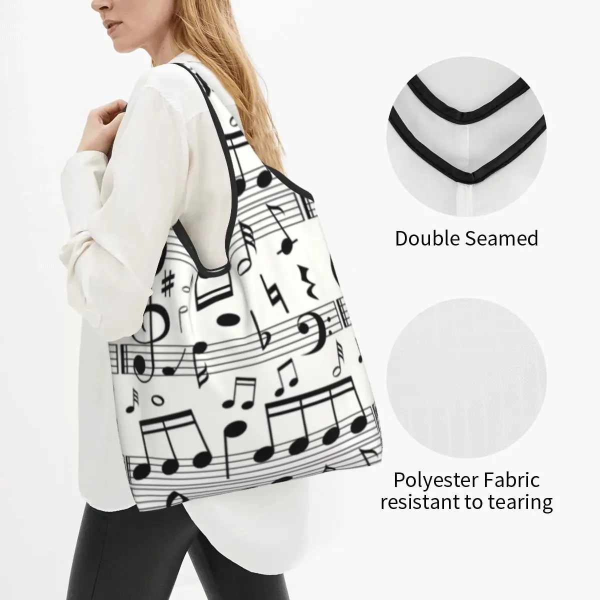 Custom Fashion Music Note Groceries Shopping Bags Kawaii Shopper Tote Shoulder Bag Big Capacity Portable Musician Handbag