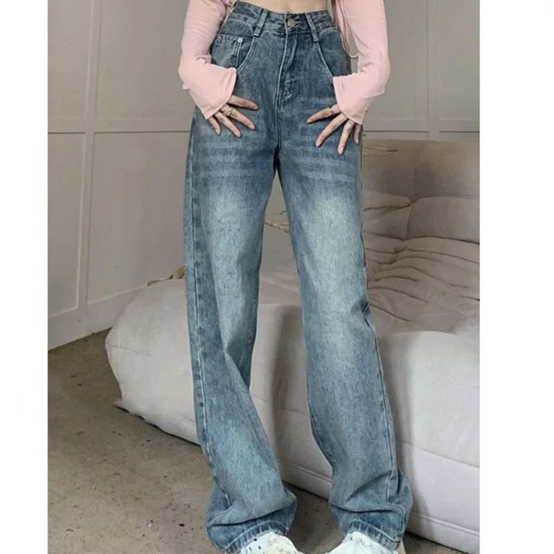 

American Retro Lengthened Straight Jeans Women Spring Autumn New High-waisted Loose Slimming Wide-leg Floor-length Pants