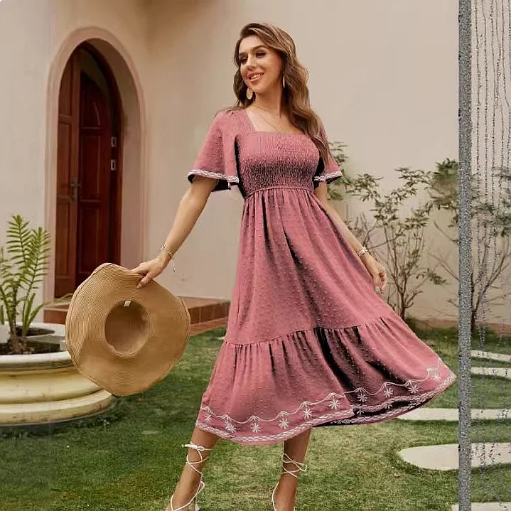 

Women's Square Neck Backless Bubble Sleeve Ruffle Short Dress Dresses Summer Fashion