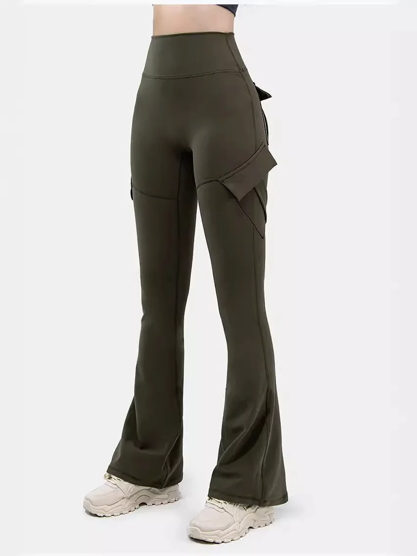 Nuevos pantalones de Yoga pirata informales para mujer, mallas acampanadas de entrenamiento de talla grande, pantalones de peto de cintura alta con bolsillos, ropa deportiva