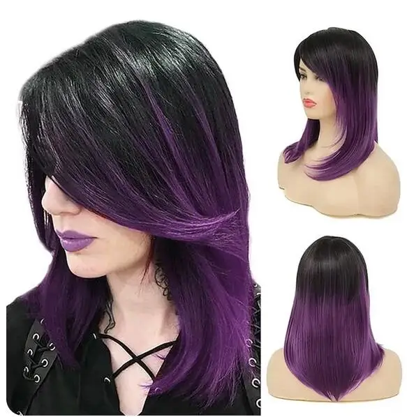 Peluca de cabello sintético para mujer, pelo negro y rojo degradado, medio largo, recto, parte lateral