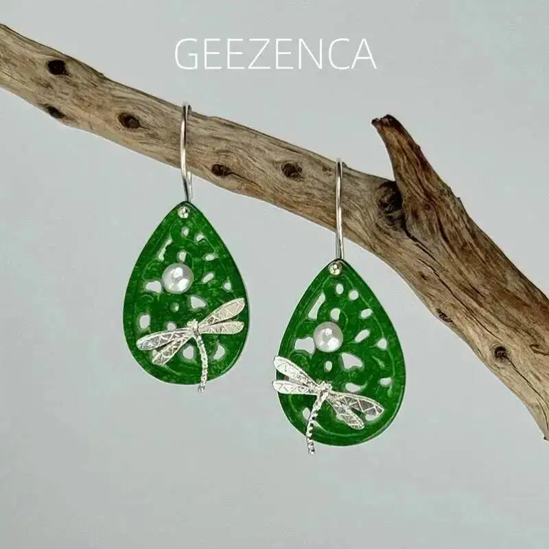 

GEEZENCA Jadeite Hollow Teardrop 925 Silver 3D Dragonfly Pearl Women Drop Dangle Earrings Green Jade Stone Dainty Earring Gift